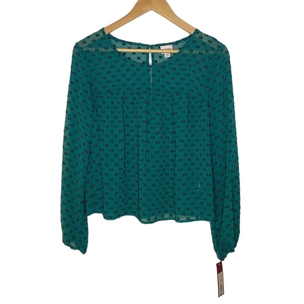 Merona Green Black Printed Sheer Crewneck Long Bishop Sleeve Flowy Flare
